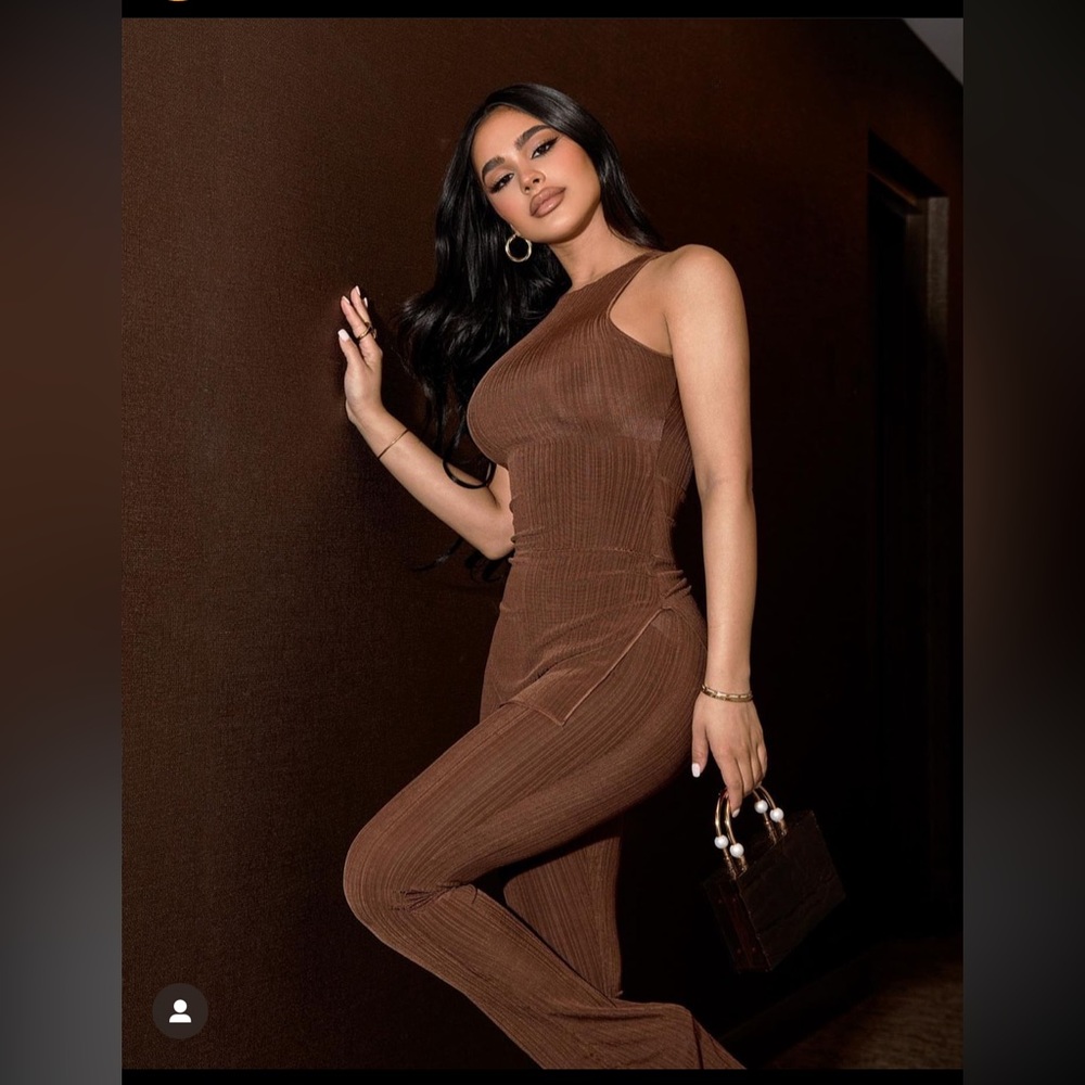 Chocolate One-Shoulder Slinky Ribbed 2 Piece set